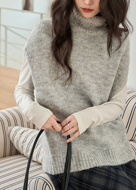 Elegant Grey Turtleneck Cotton Knit Waistcoat Short Sleeve