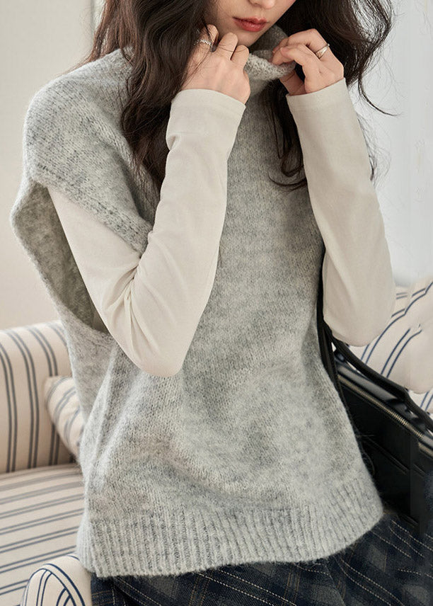 Elegant Grey Turtleneck Cotton Knit Waistcoat Short Sleeve