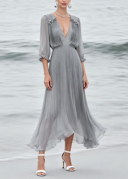 Elegant Grey V Neck Floral Wrinkled Chiffon Dress Summer