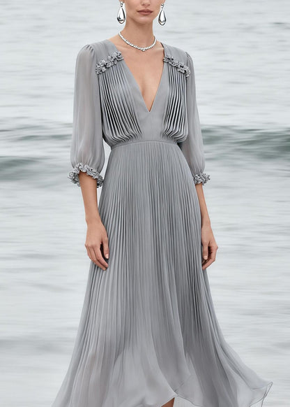 Elegant Grey V Neck Floral Wrinkled Chiffon Dress Summer