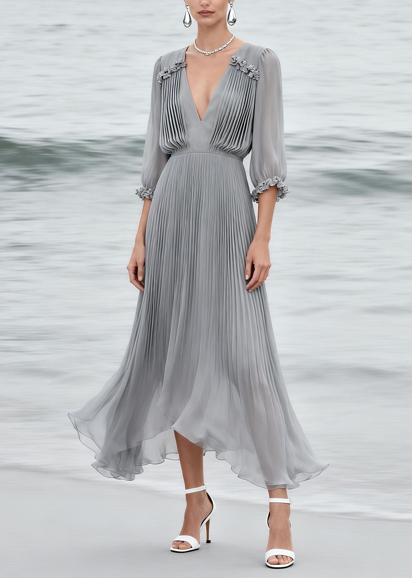 Elegant Grey V Neck Floral Wrinkled Chiffon Dress Summer