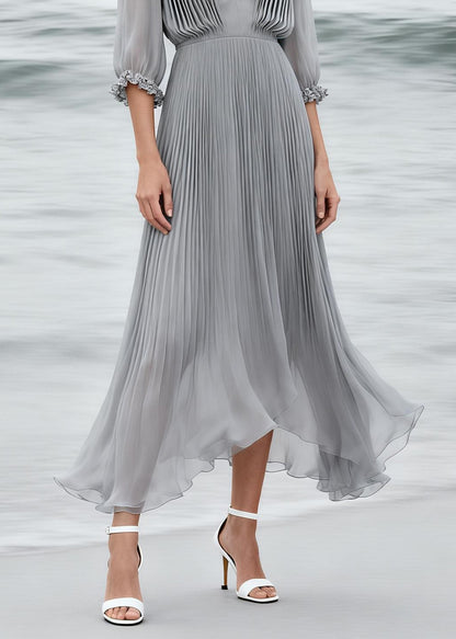 Elegant Grey V Neck Floral Wrinkled Chiffon Dress Summer