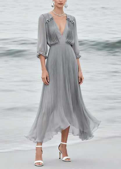 Elegant Grey V Neck Floral Wrinkled Chiffon Dress Summer