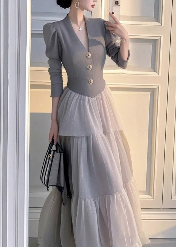Elegant Grey V Neck Patchwork Tulle Long Dress Spring