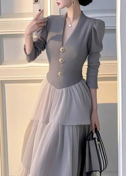 Elegant Grey V Neck Patchwork Tulle Long Dress Spring