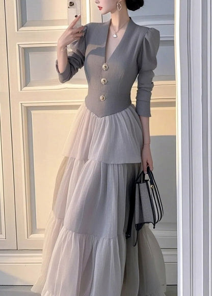 Elegant Grey V Neck Patchwork Tulle Long Dress Spring