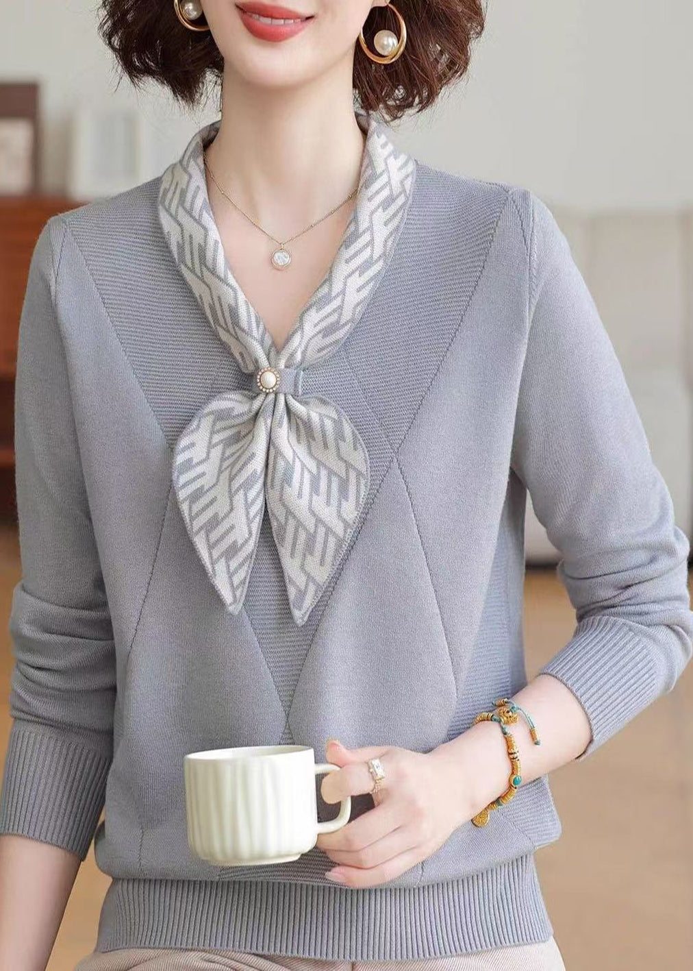 Elegant Grey V Neck Striped Knitted Tops Winter