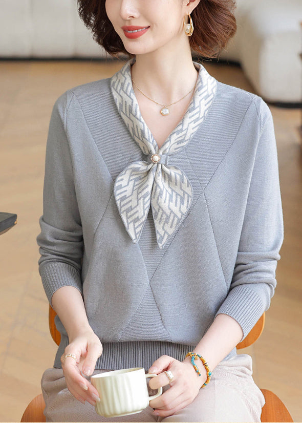 Elegant Grey V Neck Striped Knitted Tops Winter