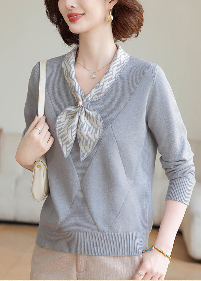 Elegant Grey V Neck Striped Knitted Tops Winter