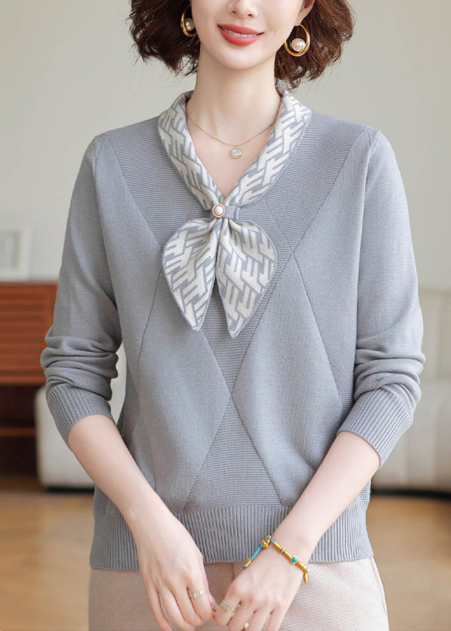 Elegant Grey V Neck Striped Knitted Tops Winter