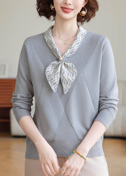 Elegant Grey V Neck Striped Knitted Tops Winter