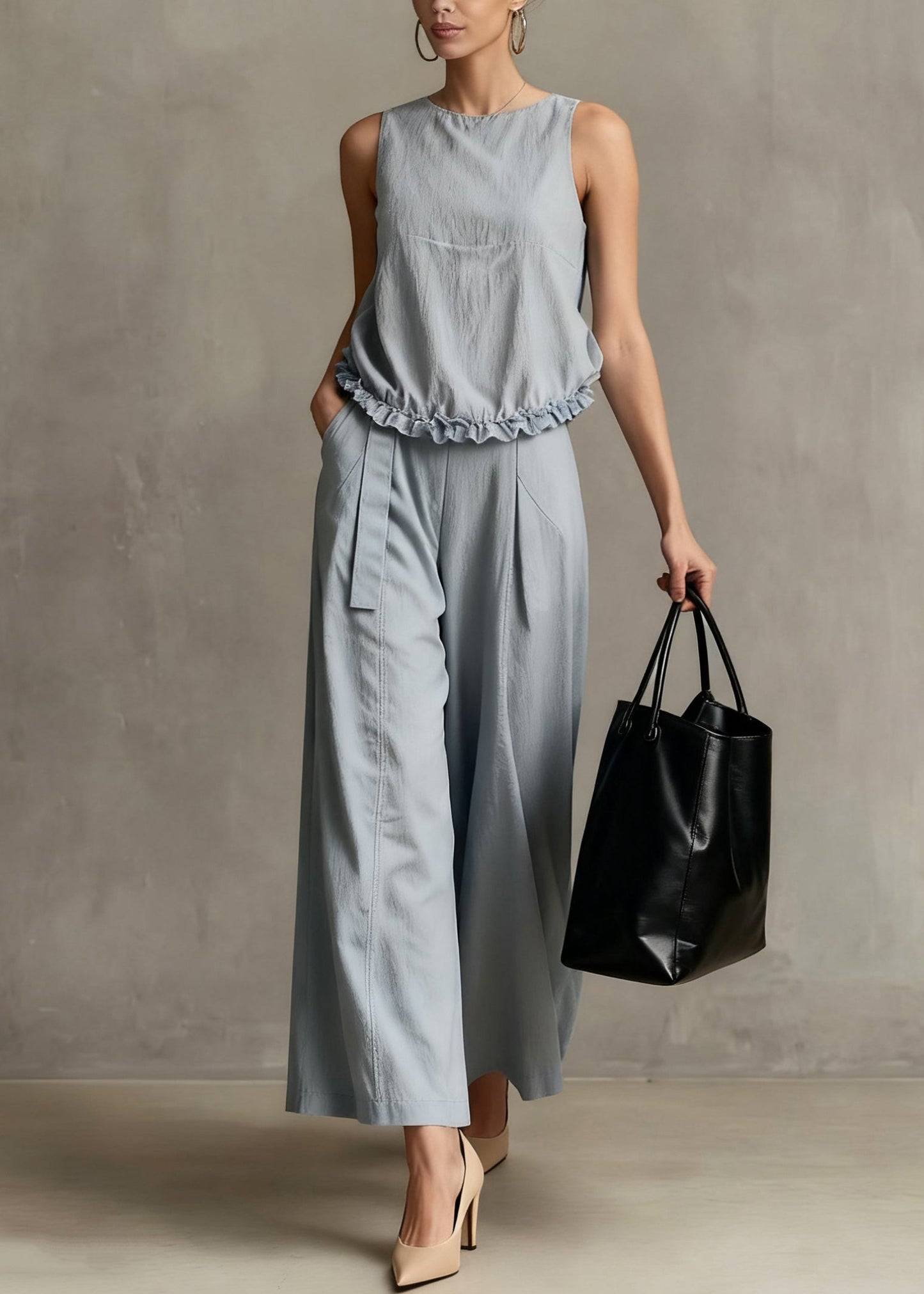 Elegant Haze Blue Ruffled Pockets Cotton Two Piece Set Summer