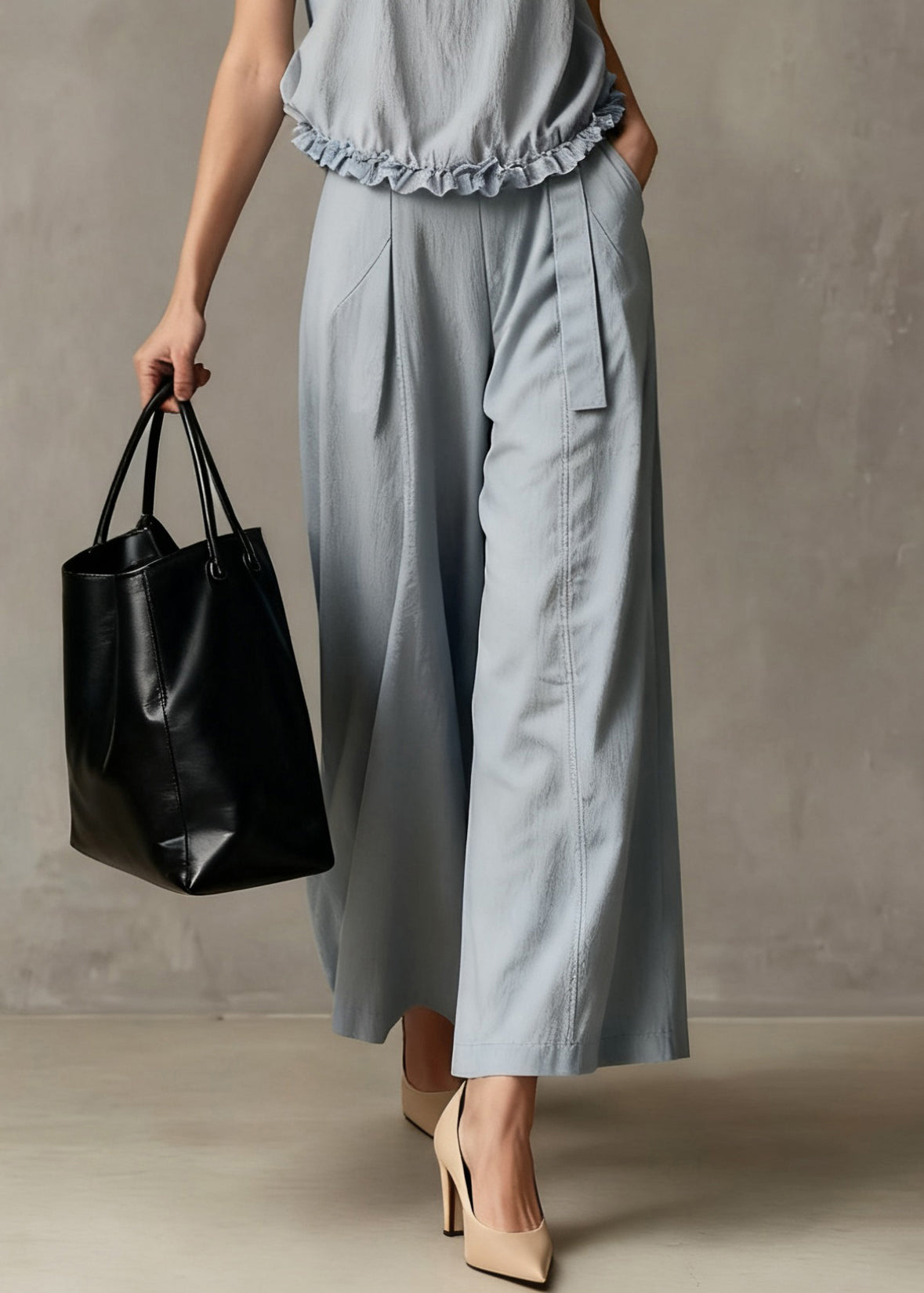 Elegant Haze Blue Ruffled Pockets Cotton Two Piece Set Summer