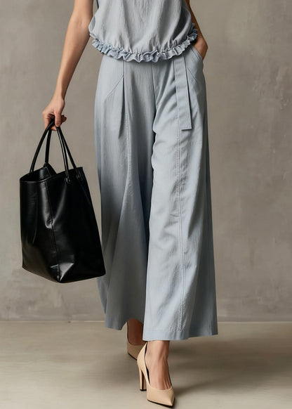 Elegant Haze Blue Ruffled Pockets Cotton Two Piece Set Summer