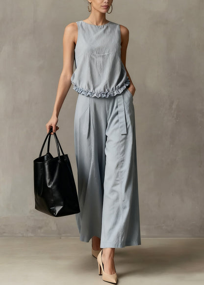 Elegant Haze Blue Ruffled Pockets Cotton Two Piece Set Summer