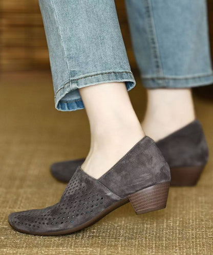 Elegant Hollow Out Splicing Chunky Heel Grey Suede