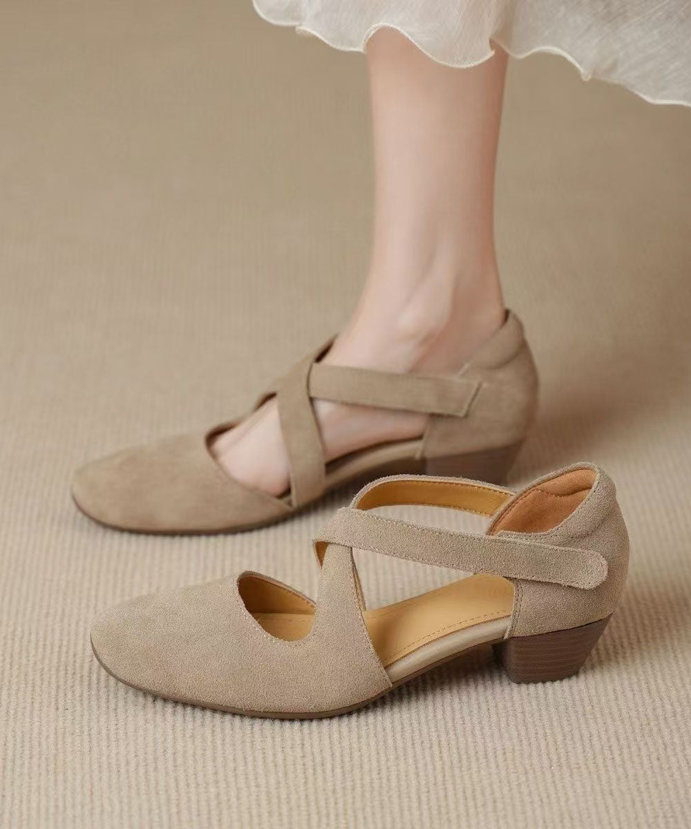 Elegant Hollow Out Splicing Chunky Sandals Light Khaki Suede