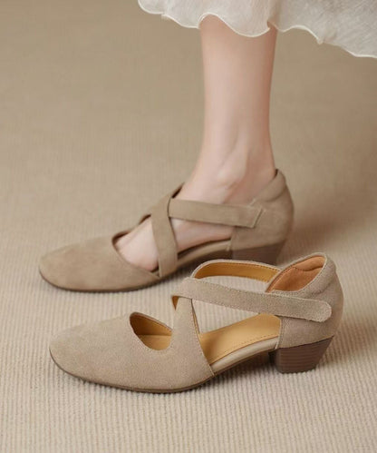 Elegant Hollow Out Splicing Chunky Sandals Light Khaki Suede