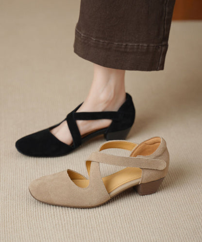 Elegant Hollow Out Splicing Chunky Sandals Light Khaki Suede