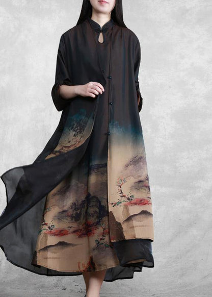 Elegant Mountain Paitings Satin outfit Two Pieces Kaftan Dress - SooLinen
