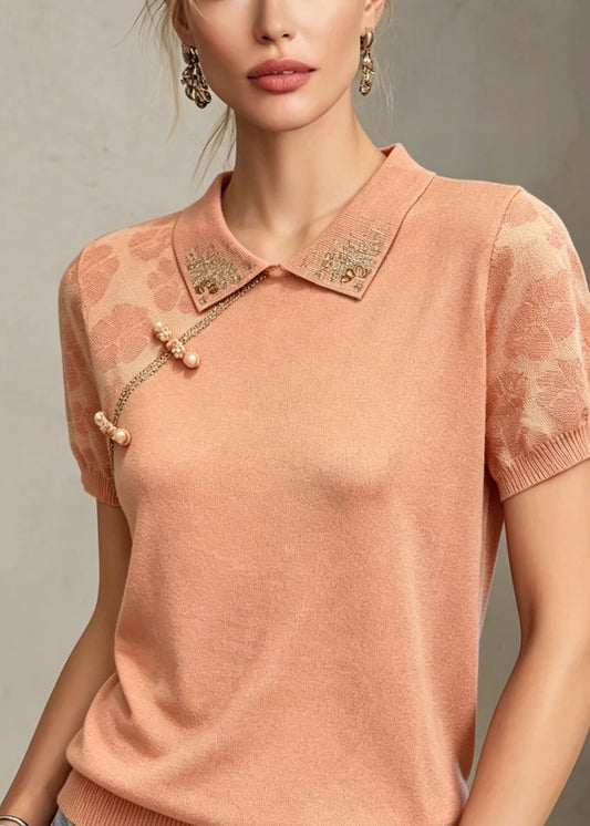 Elegant Jacquard Peter Pan Collar Zircon Thin Knit Tops Summer