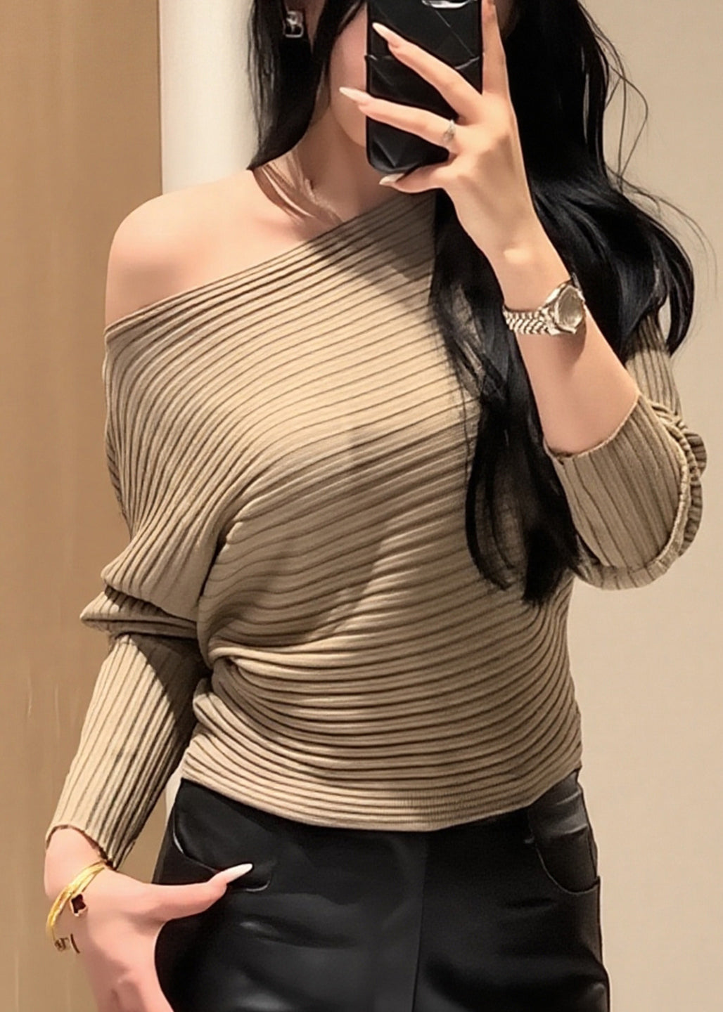 Elegant Khaki Cold Shoulder Striped Knit Short Sweater Fall