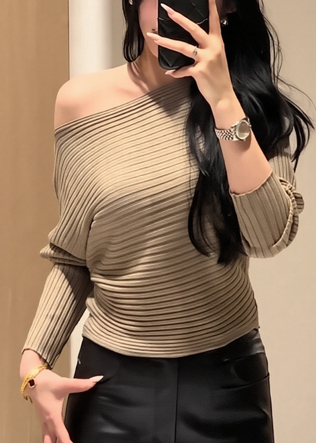 Elegant Khaki Cold Shoulder Striped Knit Short Sweater Fall