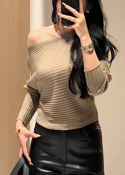 Elegant Khaki Cold Shoulder Striped Knit Short Sweater Fall