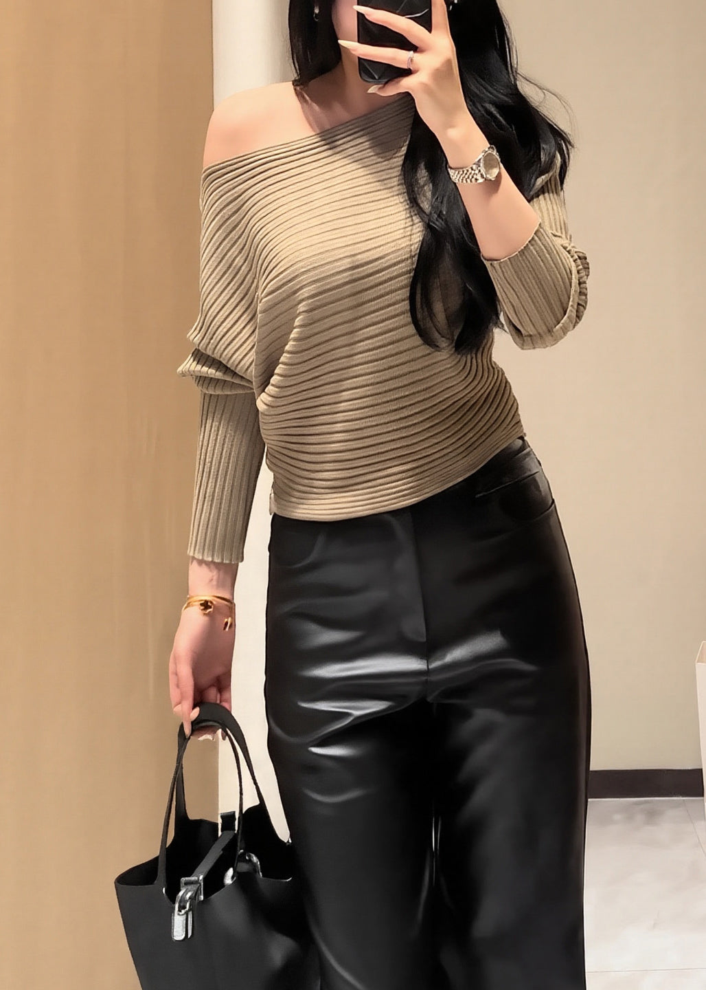 Elegant Khaki Cold Shoulder Striped Knit Short Sweater Fall