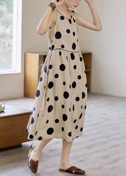 Elegant Khaki Dot Pockets Tie Waist Cotton Long Dress Sleeveless