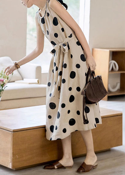 Elegant Khaki Dot Pockets Tie Waist Cotton Long Dress Sleeveless