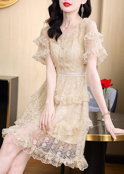 Elegant Khaki Embroidered Ruffled Lace Mid Dress Summer