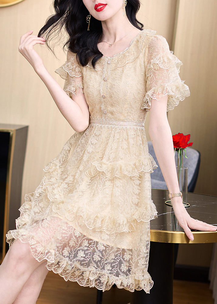Elegant Khaki Embroidered Ruffled Lace Mid Dress Summer
