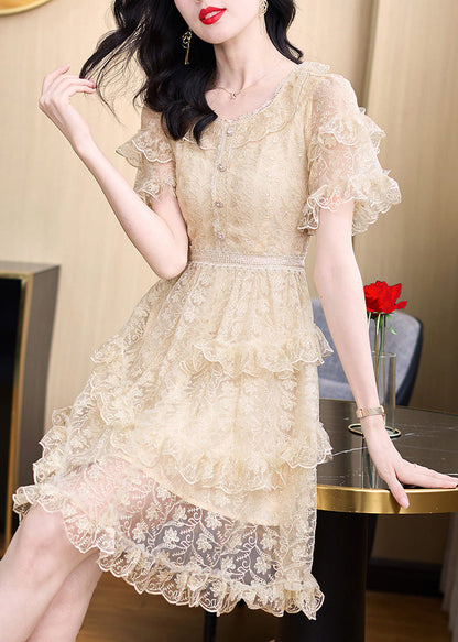 Elegant Khaki Embroidered Ruffled Lace Mid Dress Summer