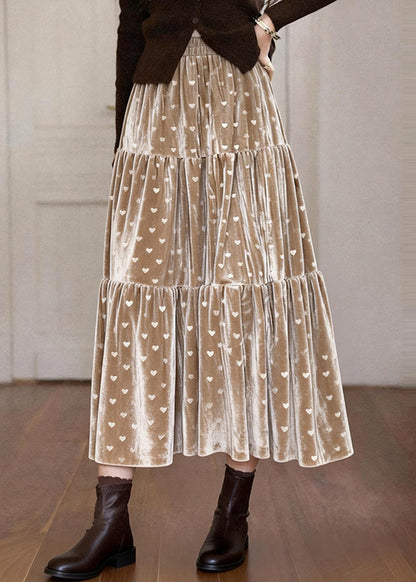 Elegant Khaki Love Print Patchwork Silk Velvet Skirts Spring