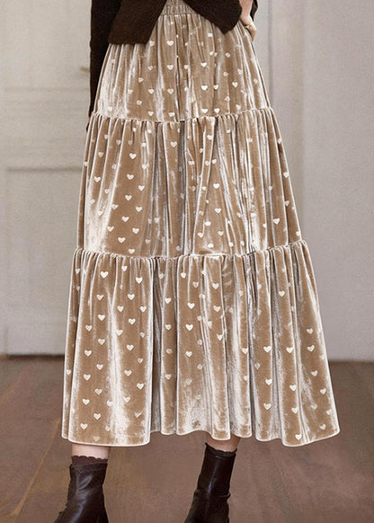 Elegant Khaki Love Print Patchwork Silk Velvet Skirts Spring