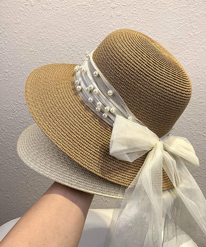 Elegant Khaki Nail Bead Bow Straw Woven Baseball Sun Hat