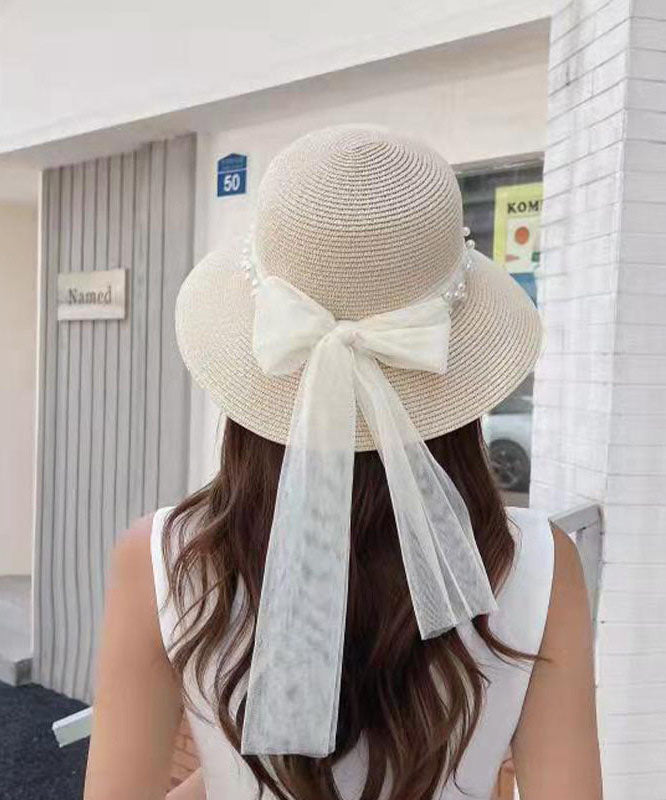 Elegant Khaki Nail Bead Bow Straw Woven Baseball Sun Hat