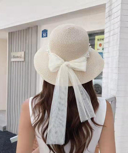 Elegant Khaki Nail Bead Bow Straw Woven Baseball Sun Hat