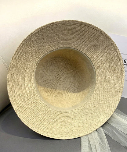 Elegant Khaki Nail Bead Bow Straw Woven Baseball Sun Hat
