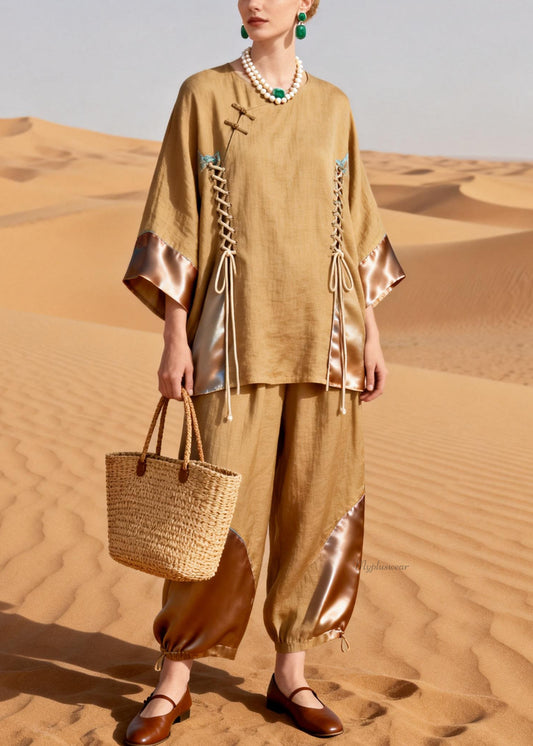 Elegant Khaki O Neck Drawstring Patchwork Shirt And Crop Pants Silk Linen Two Pieces Set