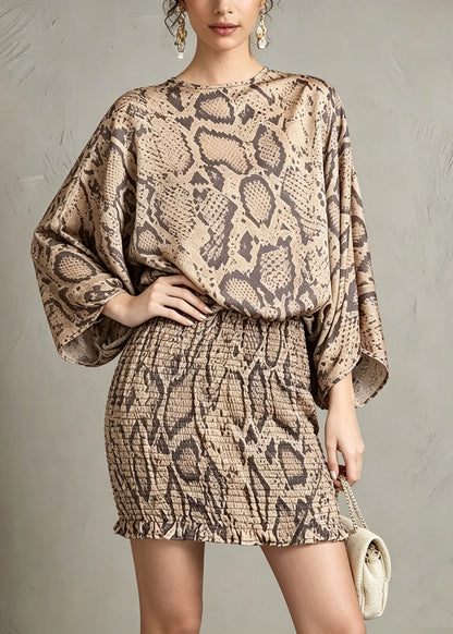 Elegant Khaki O Neck Leopard Print Chiffon Dress Batwing Sleeve