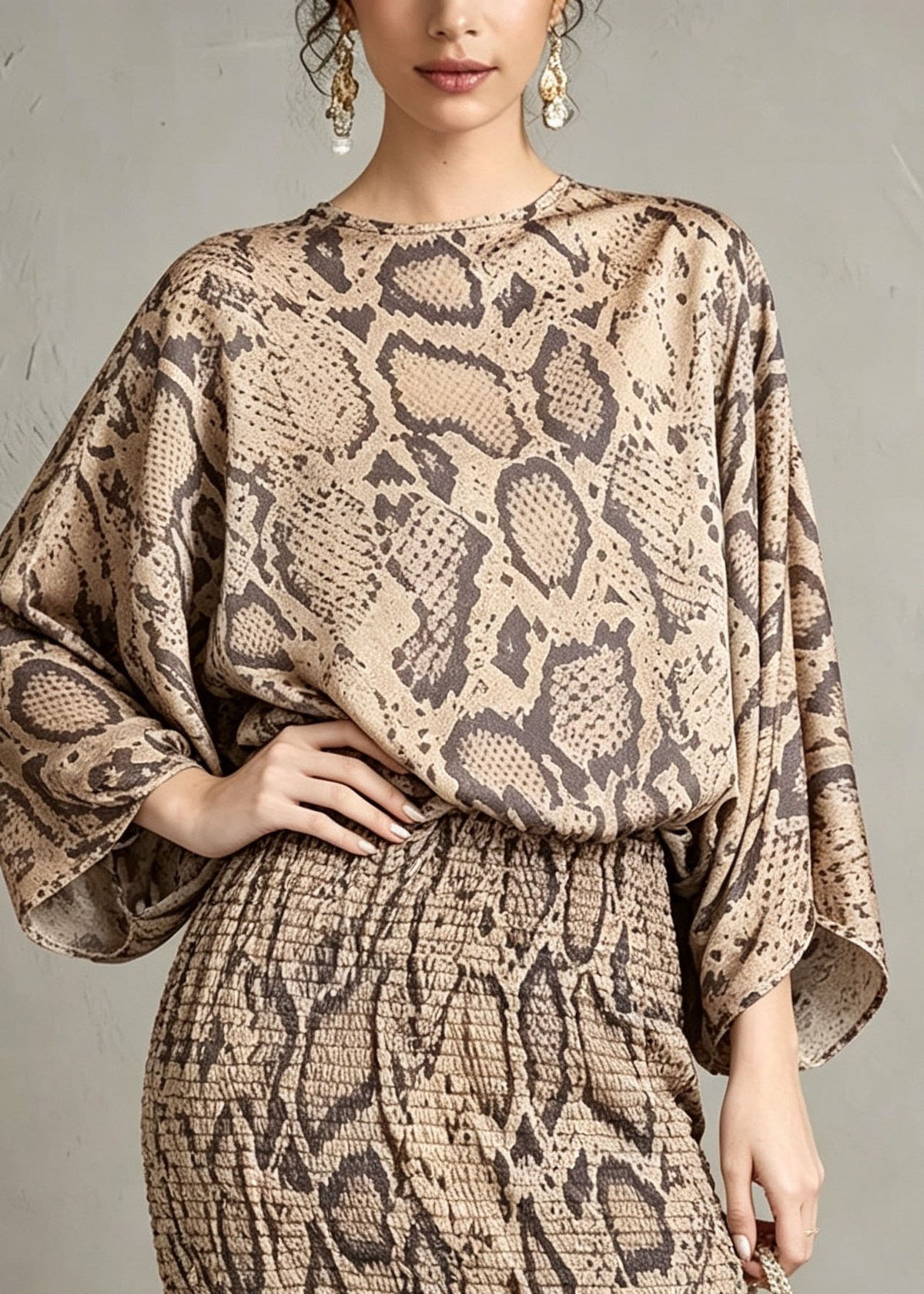 Elegant Khaki O Neck Leopard Print Chiffon Dress Batwing Sleeve