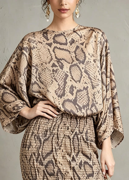 Elegant Khaki O Neck Leopard Print Chiffon Dress Batwing Sleeve