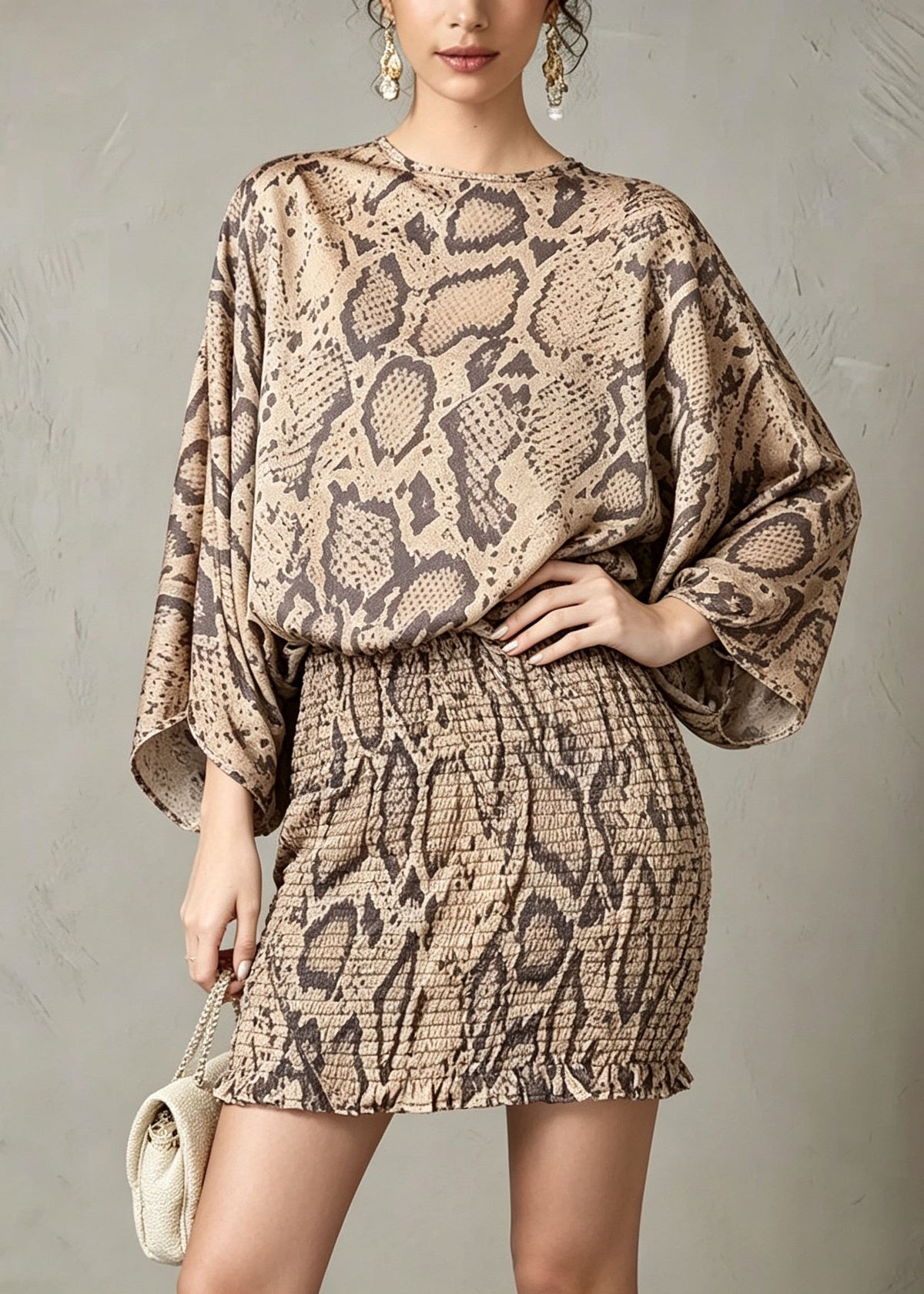 Elegant Khaki O Neck Leopard Print Chiffon Dress Batwing Sleeve