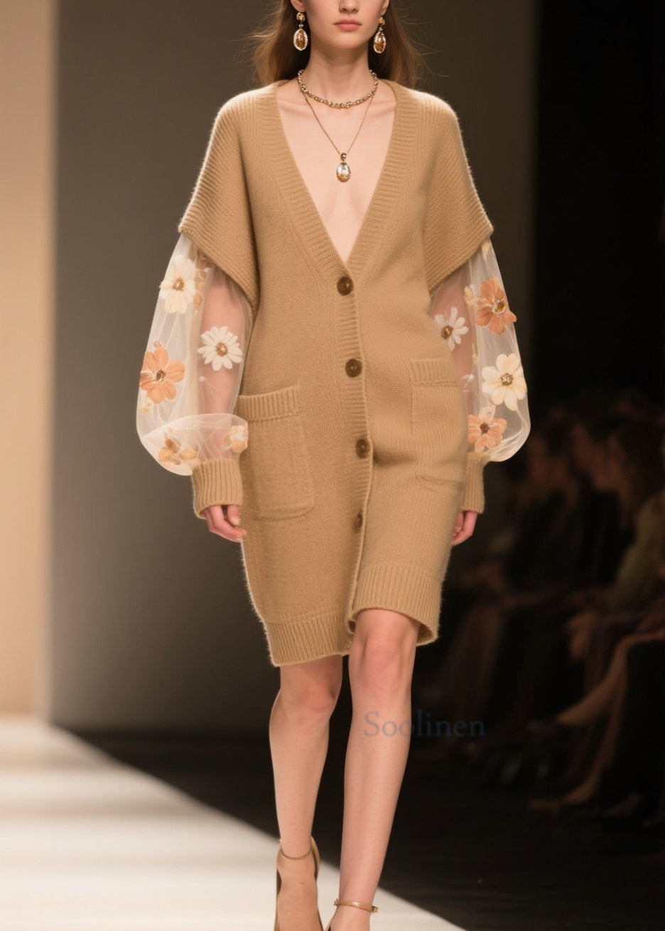 Elegant Khaki Pockets Tulle Patchwork Knit Cardigans Fall