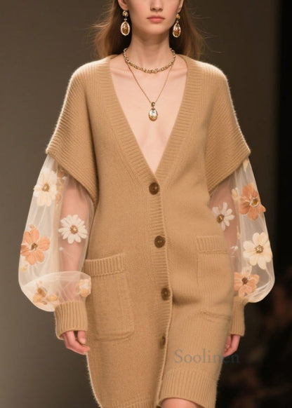 Elegant Khaki Pockets Tulle Patchwork Knit Cardigans Fall