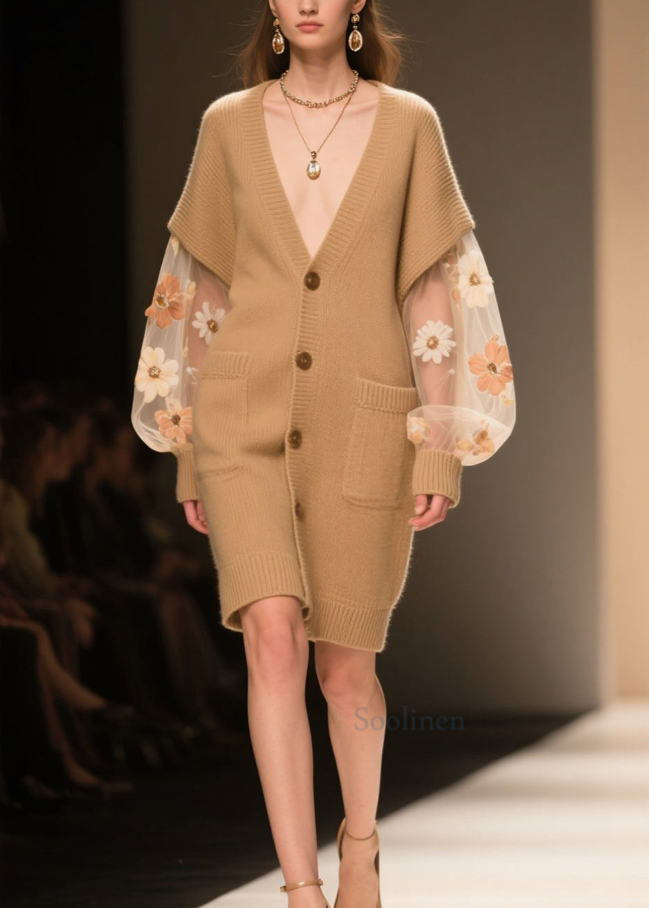 Elegant Khaki Pockets Tulle Patchwork Knit Cardigans Fall