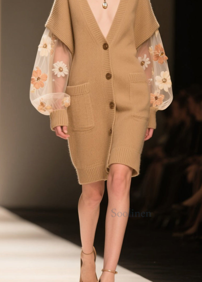 Elegant Khaki Pockets Tulle Patchwork Knit Cardigans Fall