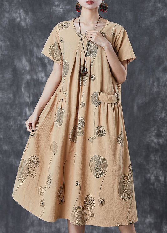 Elegant Khaki Print Pockets Cotton Holiday Dress Summer